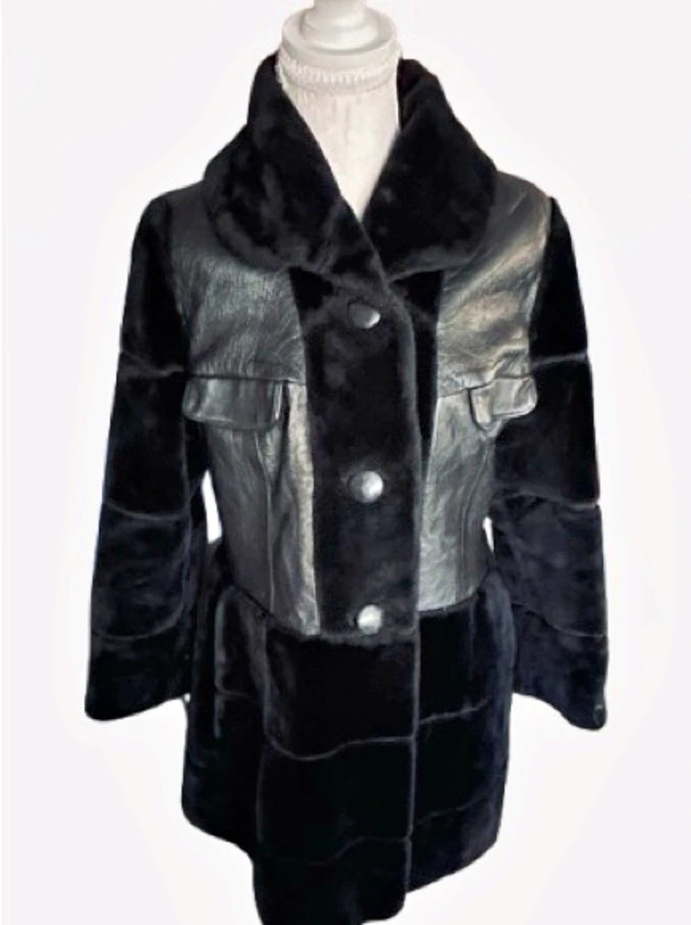 Vintage Leather & Black Faux Fur-Collar Coat Jacket Mod 60s 70s Boho Bohemian